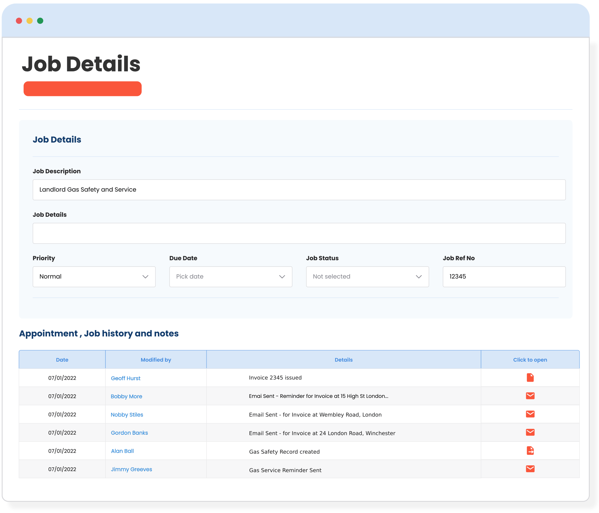 Job Management Software previous Job History