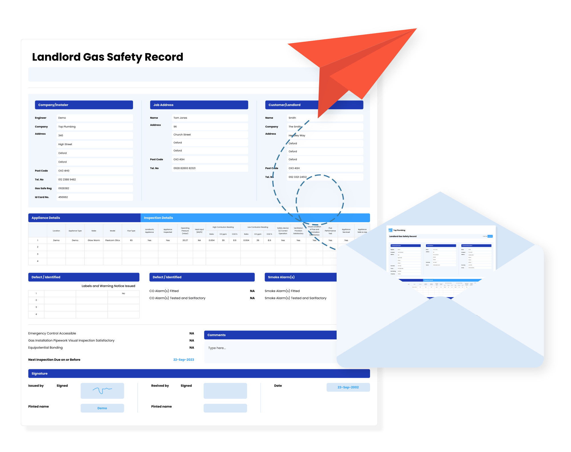 Emailing a landlord gas safety record to a customer