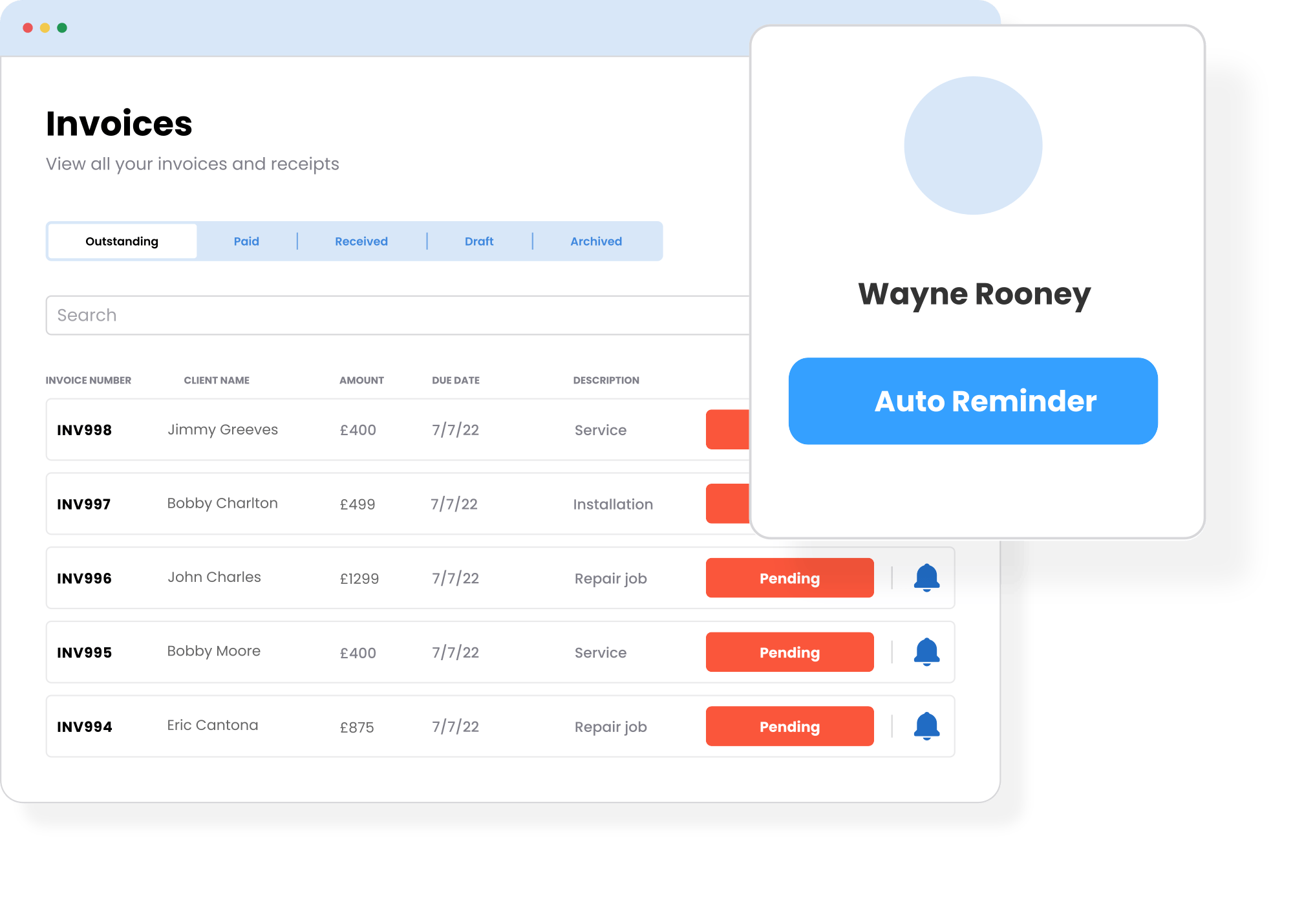 See in real-time the status of all invoices and chase late payers with automated reminders