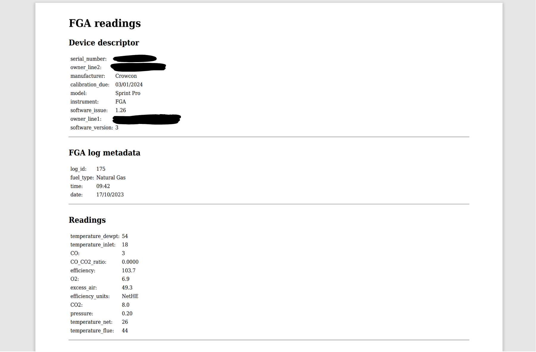 A flue gas analyser report from our software