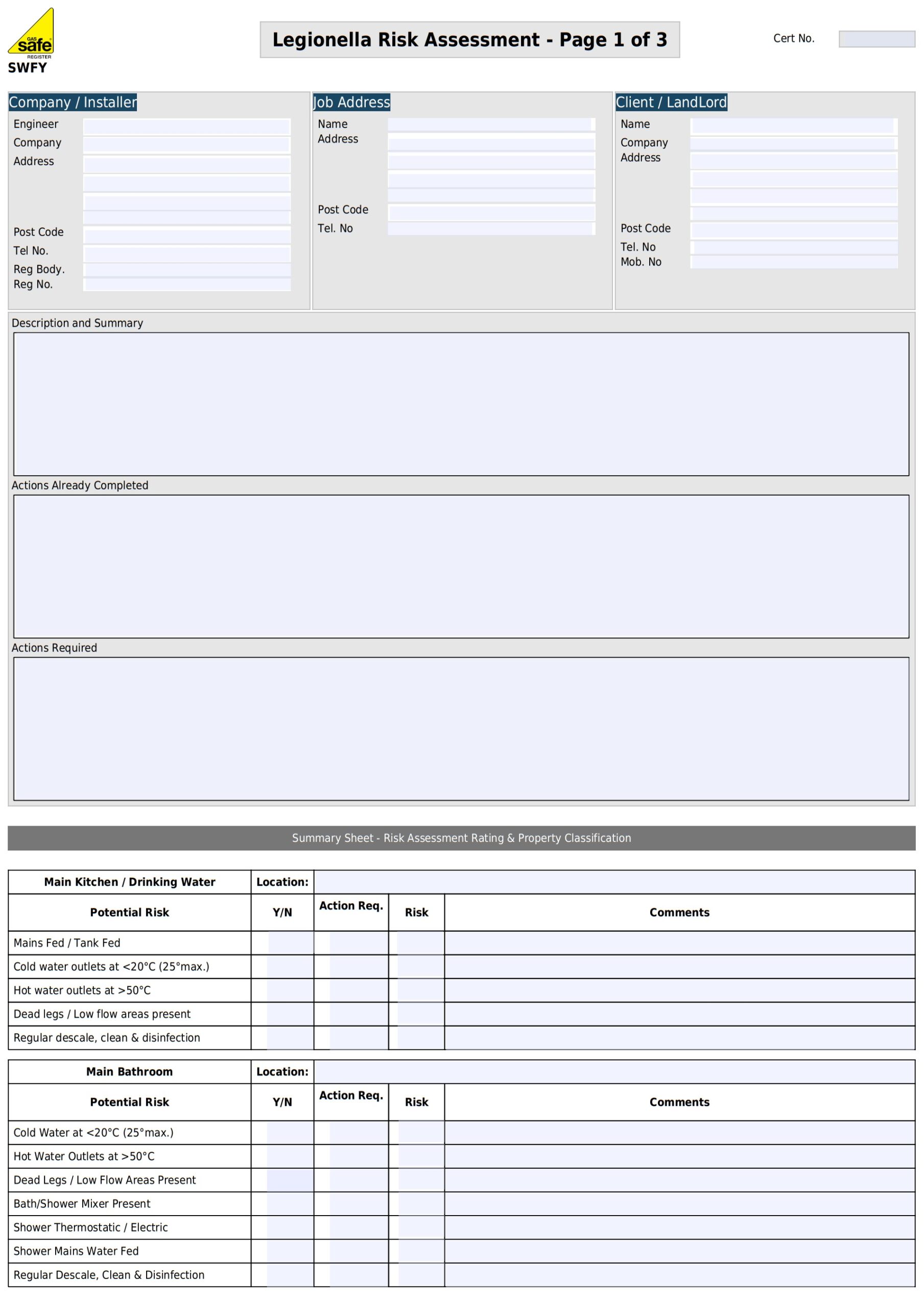 Sample image of the legionella risk assessment template